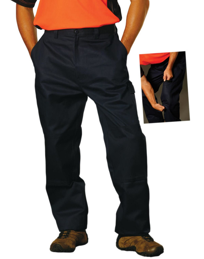 Men's cotton drill cargo pants in navy, featuring knee pads, side pockets, and a logo.