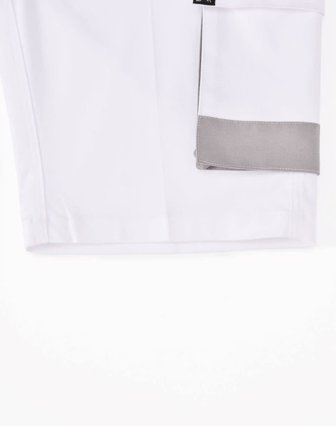 Unisex utility stretch cargo work shorts in white with a grey pocket detail and branding on the waistband.