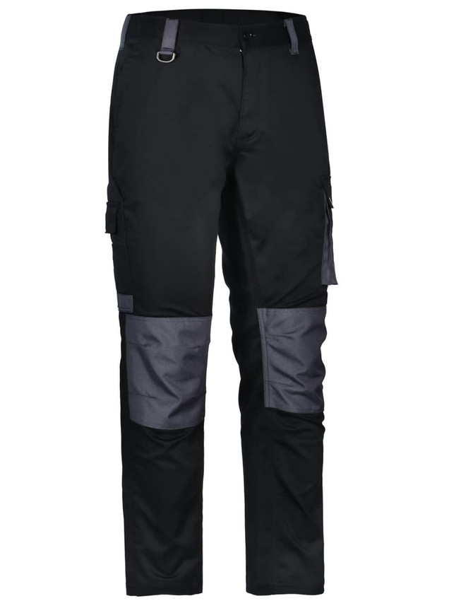 Unisex utility stretch cargo work pants in black with grey patches, featuring side pockets and a logo.