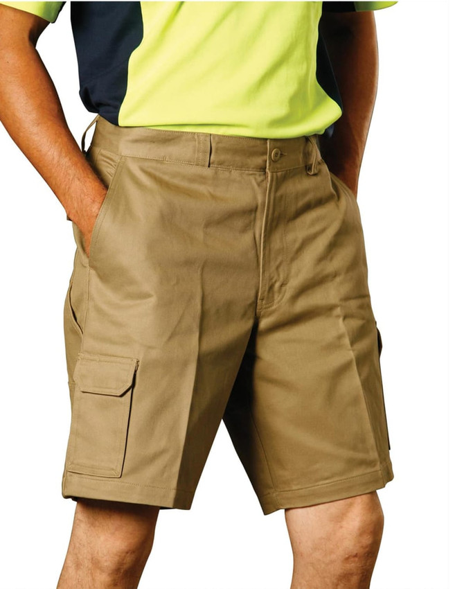 A pair of khaki men's heavy cotton drill shorts with cargo pockets, featuring a branding logo.