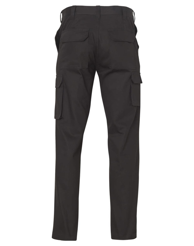 Black cargo pants with multiple side pockets and a regular fit, featuring a logo on the back.