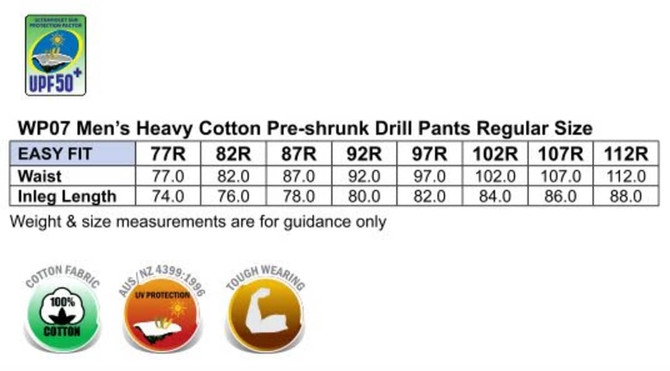 A table displaying size measurements for men's heavy cotton drill pants, featuring various sizes and fabric details.