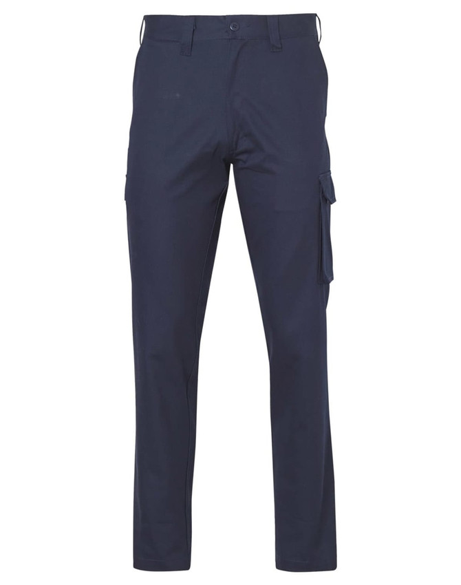 Navy cargo pants featuring drill pant pockets on the legs, with a stout fit and a logo.