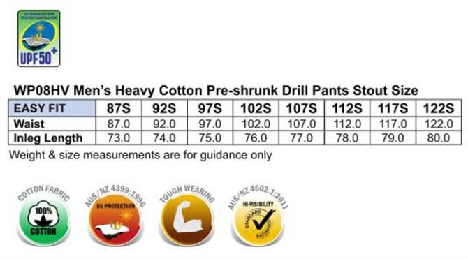 A table displaying size measurements for men's heavy cotton drill pants, featuring easy fit and various sizes.