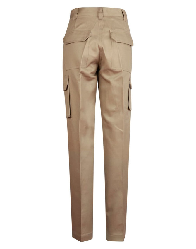 Long-fit work pants in khaki featuring multiple pockets on the legs and a rear view showcasing the design.