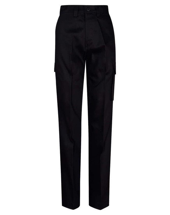 Black long-fit work pants featuring a drill pant pocket on the leg and a side cargo pocket.