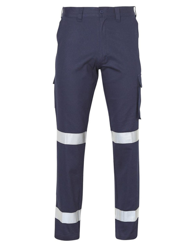 Long fit drill pants in navy blue with reflective 3M tapes and side pocket on leg. Features logo branding.