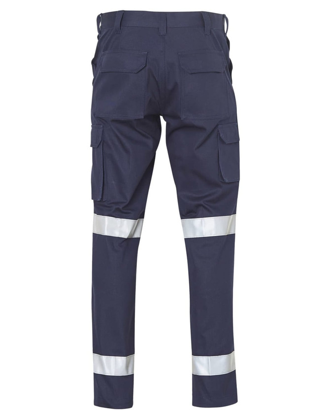 Long fit drill pants in navy, featuring reflective 3M tape and multiple pockets on the leg, with a logo displayed.