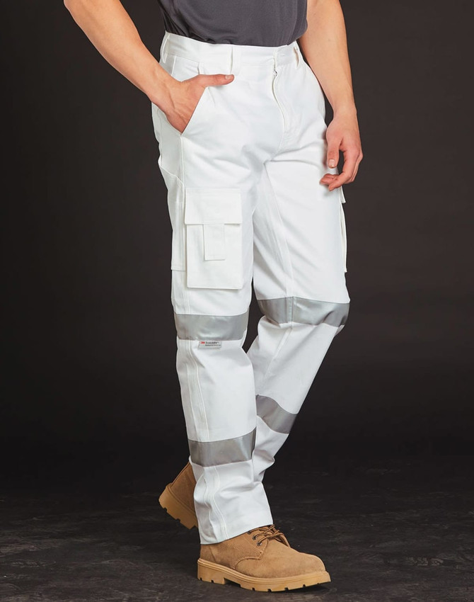 White work pants with reflective strips, featuring cargo pockets and a logo, worn with tan boots.