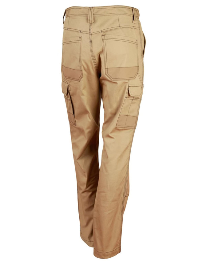 Lightweight semi-fitted Cordura work pants in beige, featuring multiple pockets and a logo. Rear view displayed.
