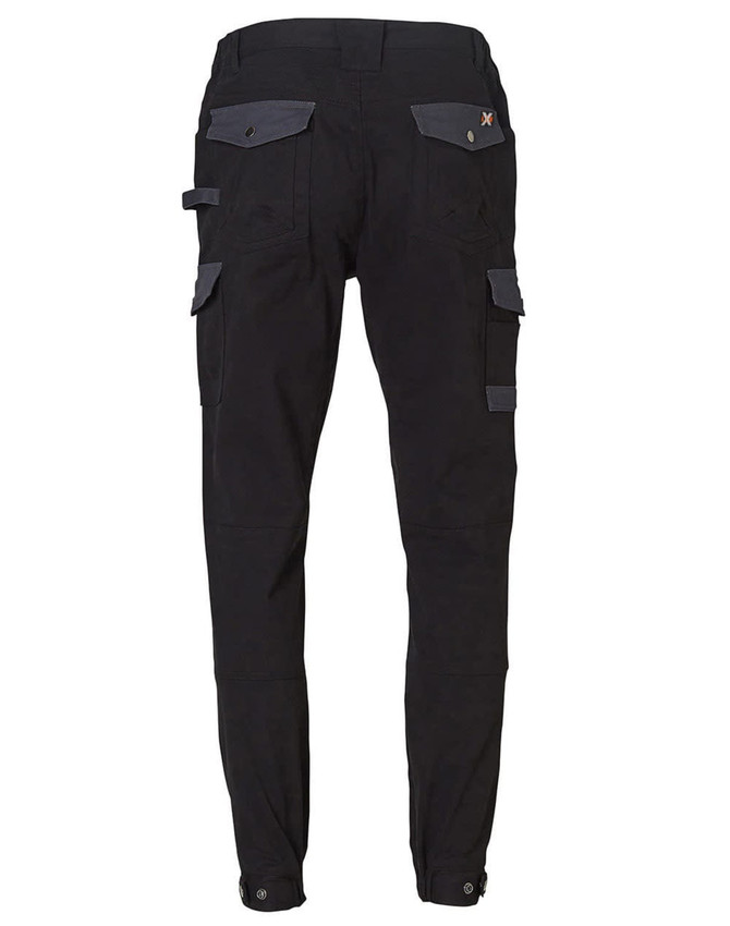 A pair of black work pants featuring grey accents and multiple pockets, with a logo on the waistband.