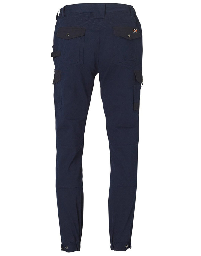 Navy workwear pants with black detailing, featuring multiple pockets and a branded logo.