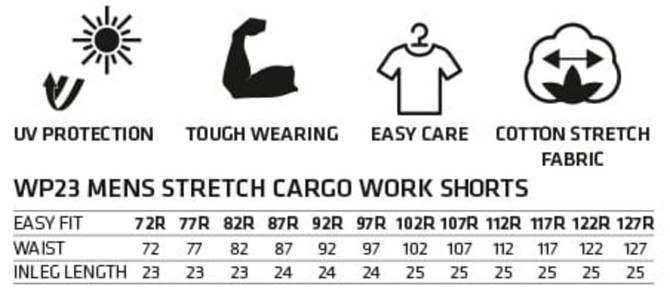 A pair of men's stretch cargo work shorts in multiple sizes, made from cotton stretch fabric, featuring a logo.