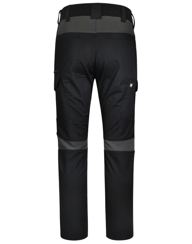 Black work pants with grey accents, featuring cargo pockets and a logo. Ideal for durability and comfort in workwear.