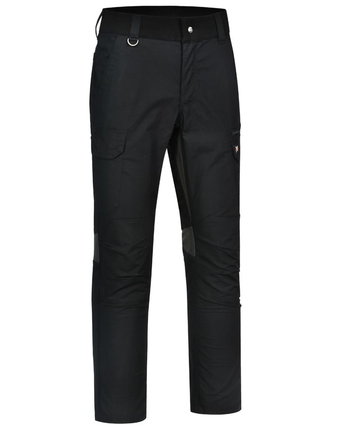A pair of black work pants featuring rip-stop fabric, pockets, and a logo on the side.