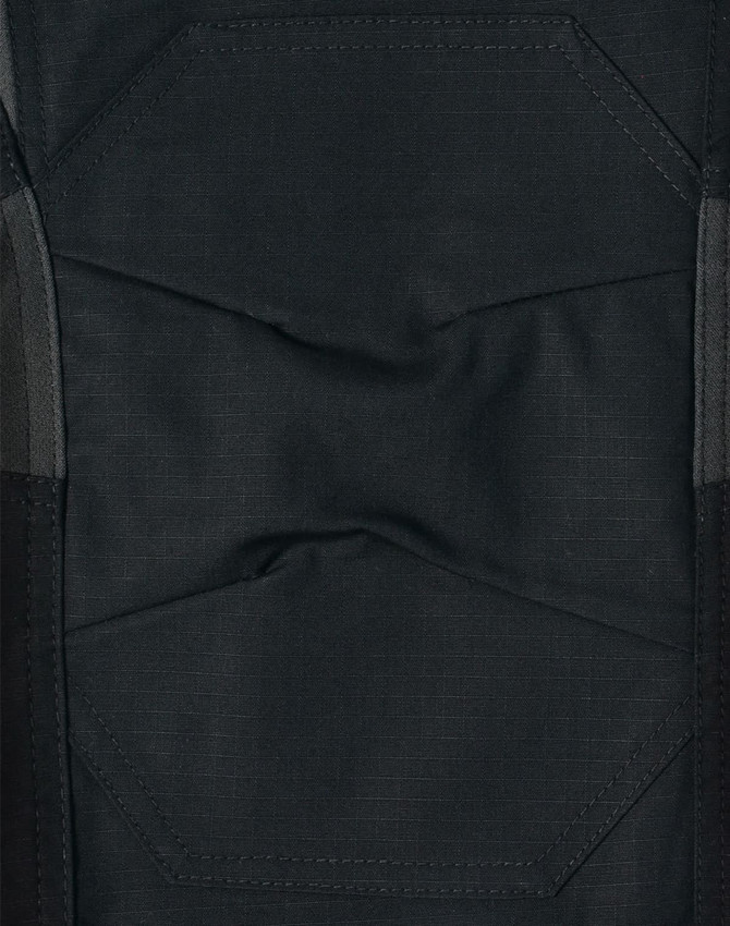 Black rip-stop poly/cotton stretch work pants featuring detailed stitching and reinforced sections.