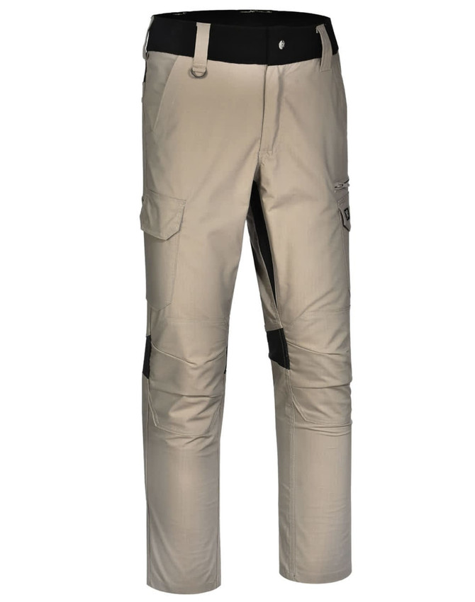 A pair of beige work pants featuring pockets and black accents, with a branding logo. Designed for durability and comfort.