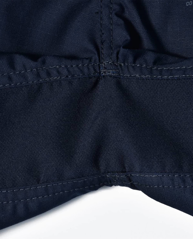 Navy blue Rip-Stop poly/cotton stretch work shorts featuring reinforced stitching and a brand logo.