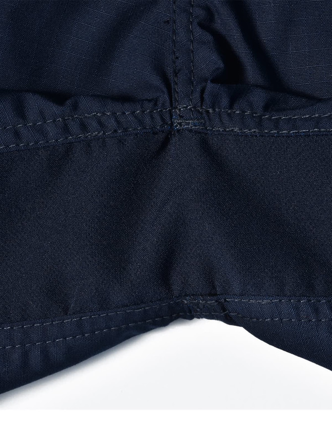 Navy blue Rip-Stop poly/cotton stretch work shorts featuring reinforced stitching and a brand logo.