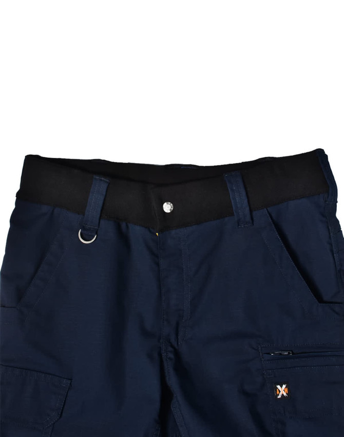 Navy blue Rip-Stop poly/cotton stretch work shorts with a black waistband and multiple pockets. Features branding.