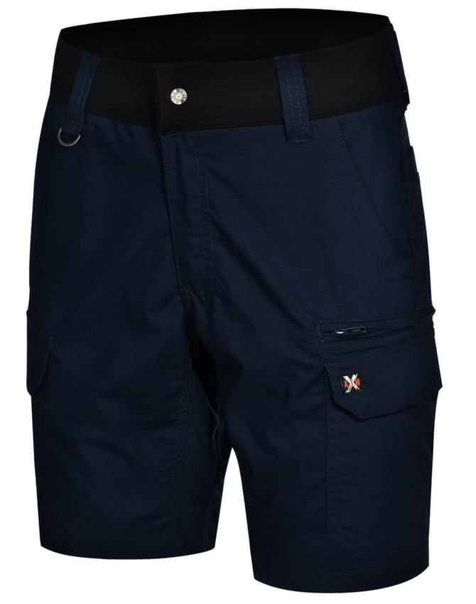 Navy blue Rip-Stop poly/cotton stretch work shorts with multiple pockets and a brand logo.