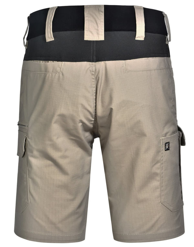Beige work shorts with a stretchy black waistband and side pockets, featuring a logo on the side.