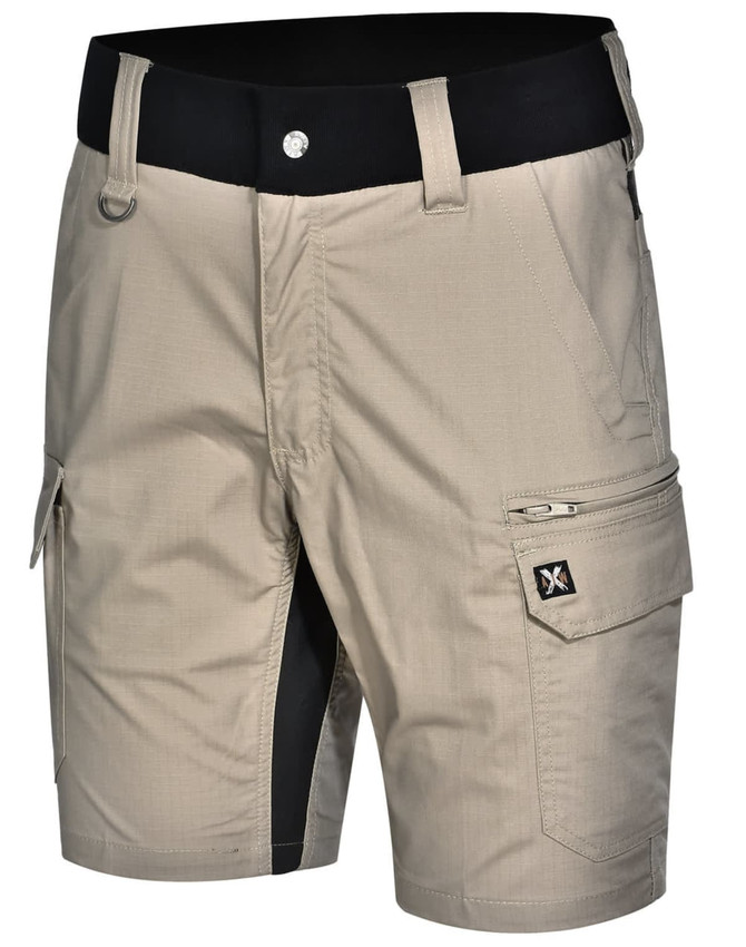 Rip-stop poly/cotton stretch work shorts in beige with black detailing and multiple pockets. Features a belt loop and logo.