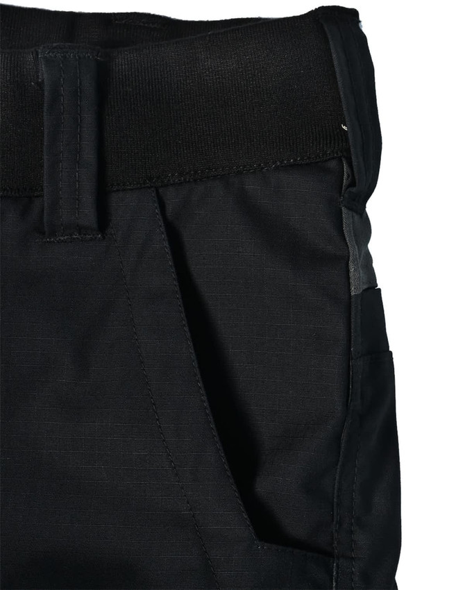 Rip-stop poly/cotton stretch work shorts in black with elastic waistband and side pockets, featuring a logo.