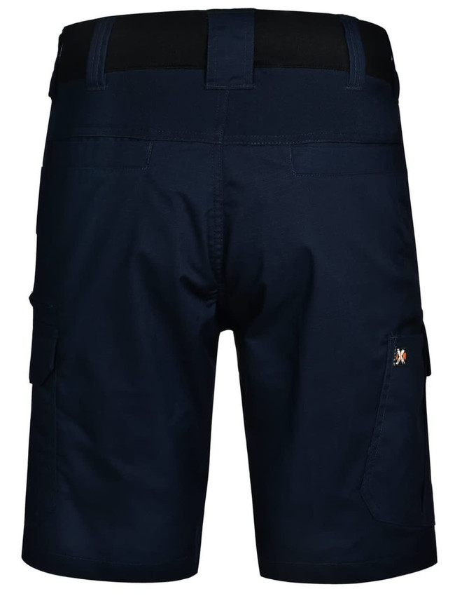 Navy blue stretch work shorts featuring cargo pockets and an elastic waistband, with a small logo on the side.