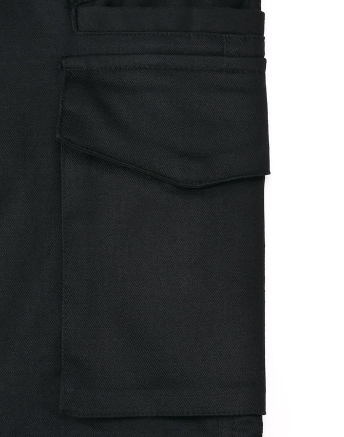 Black unisex cotton stretch ripstop work pants featuring multiple pockets and a logo.