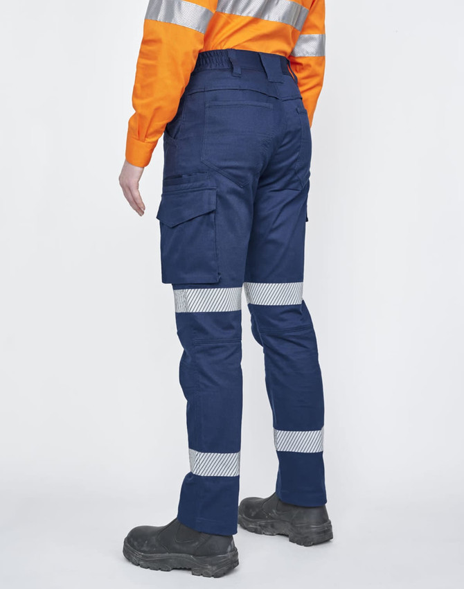 Unisex navy cotton stretch ripstop segmented work pants with reflective stripes and cargo pockets.