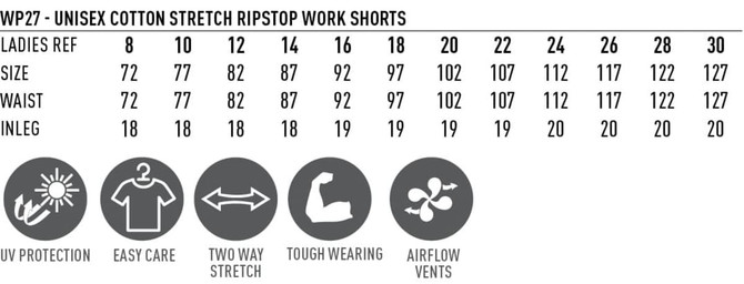 A table displaying size measurements for Unisex Cotton Stretch Ripstop Work Shorts, including waist and inleg details.