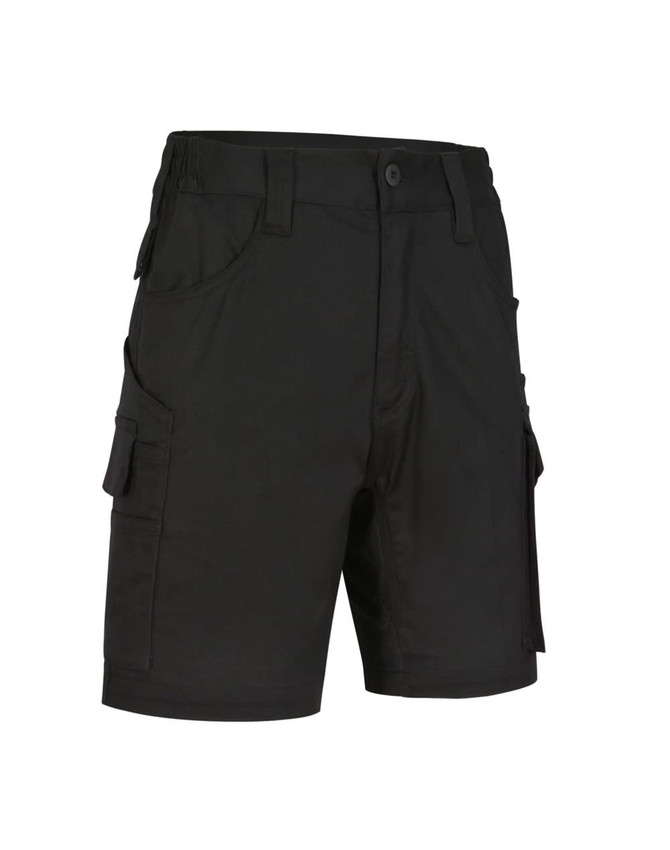 Black unisex cotton stretch ripstop work shorts with multiple pockets and a branded logo.