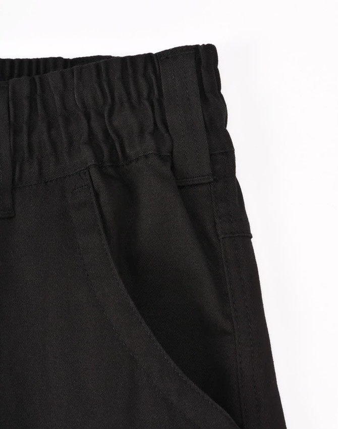 A pair of black unisex cotton stretch drill work pants featuring a cuffed design and an elasticated waistband.