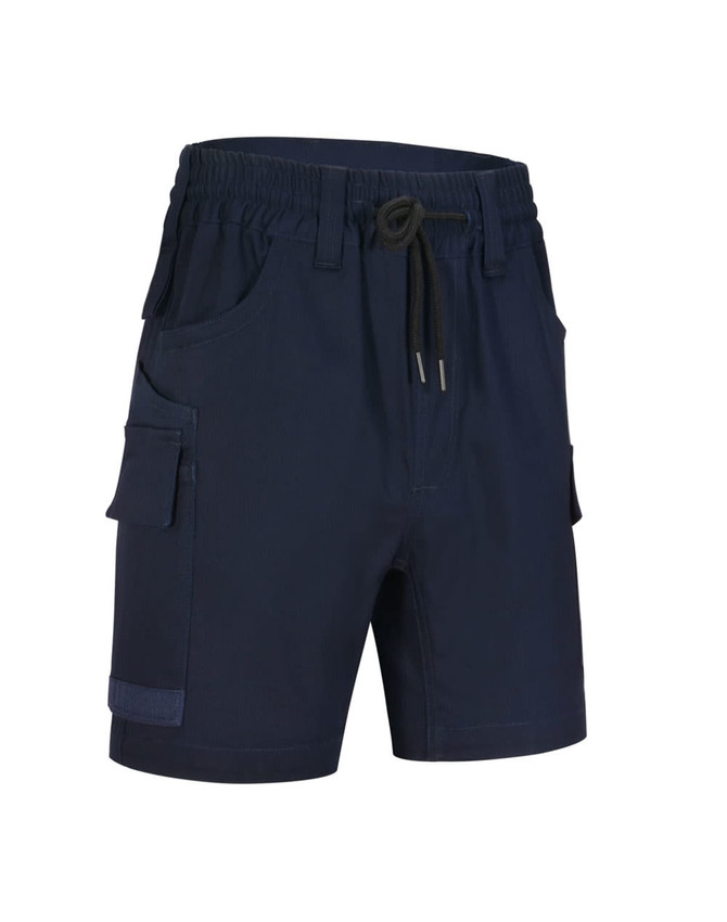 Navy unisex cotton stretch drill work shorts featuring pockets and an elastic waistband with a drawstring.