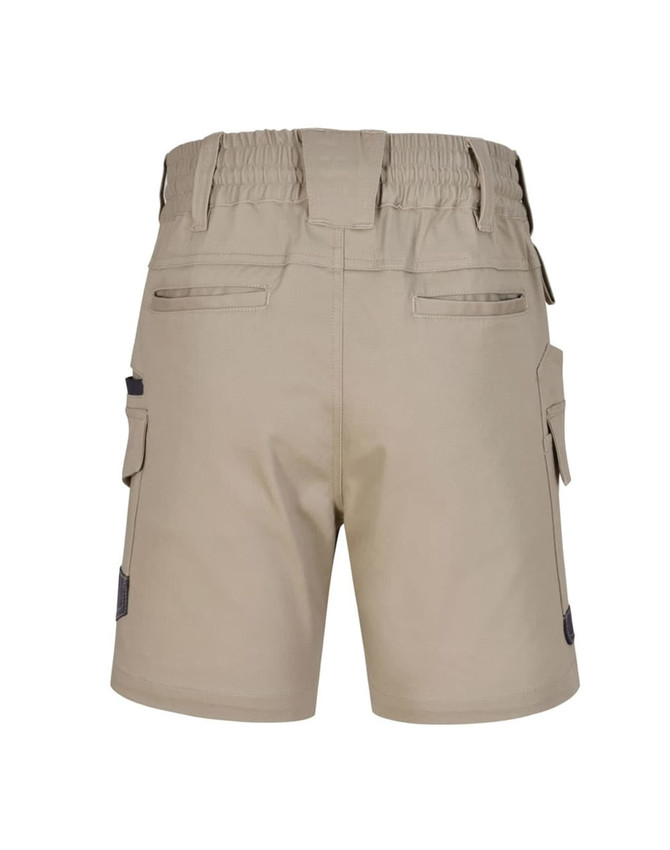 Beige unisex cotton stretch work shorts featuring an elastic waistband and multiple pockets, with a logo present.
