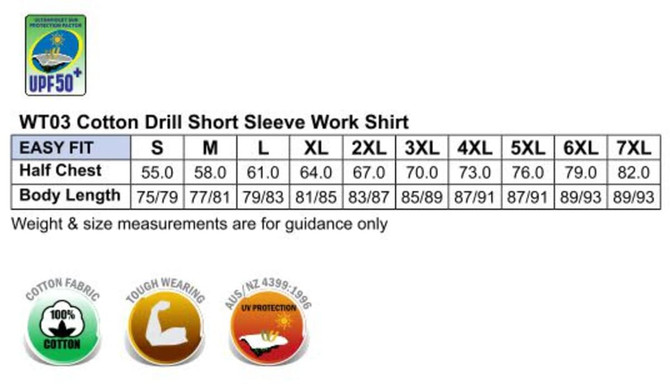 Cotton drill short sleeve work shirt in various sizes, featuring a logo, and made from 100% cotton with UV protection.