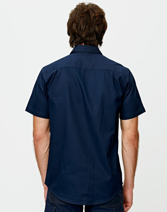 A navy short-sleeved shirt with a back view, featuring a logo on the upper back.