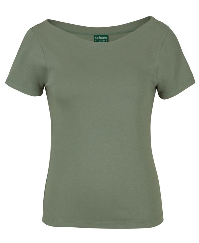 A green ladies' short sleeve boat neck tee, featuring a fitted design and a logo inside the collar.
