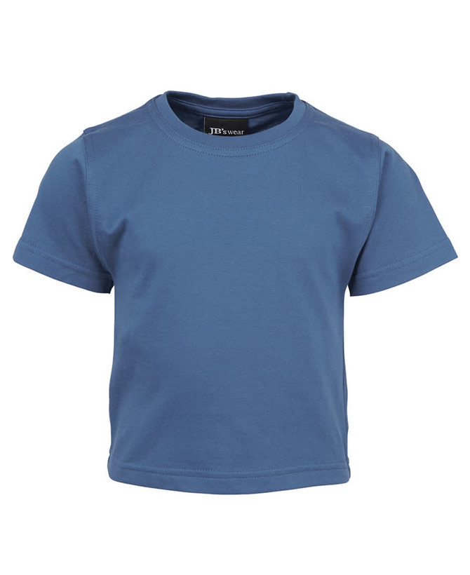A blue infant t-shirt with short sleeves, featuring a logo inside the collar.