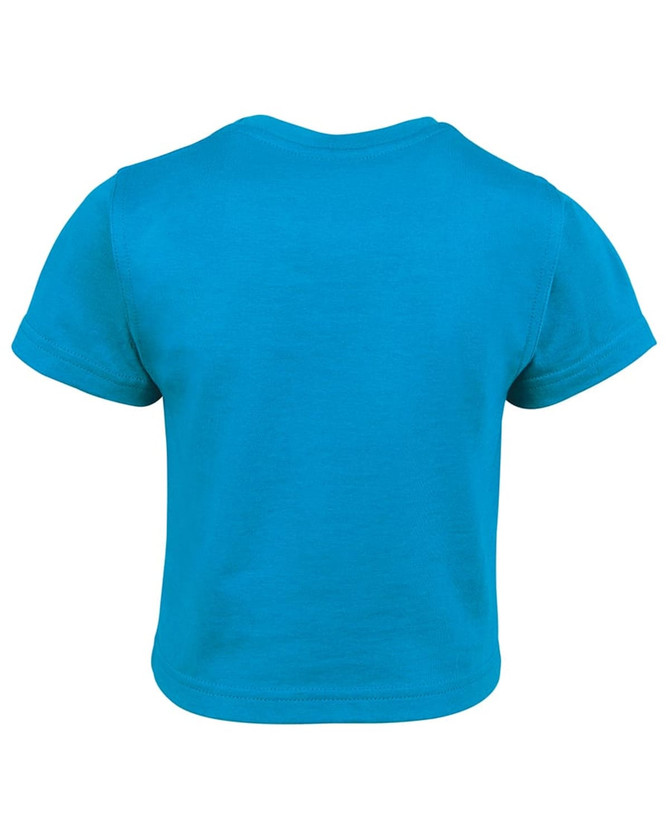 A bright blue infant tee with short sleeves, featuring a plain back and a simple design.