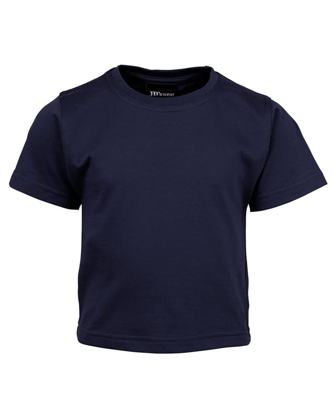 A navy blue infant tee shirt with short sleeves, featuring a branding logo at the neck.