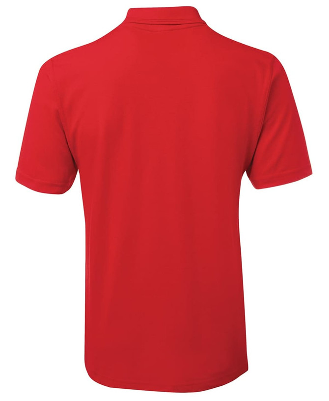 A red polo shirt is displayed, featuring a simple design with a collar and short sleeves. It has a logo.