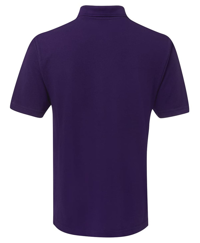 A purple polo shirt featuring a collar and short sleeves, with a logo on the back.