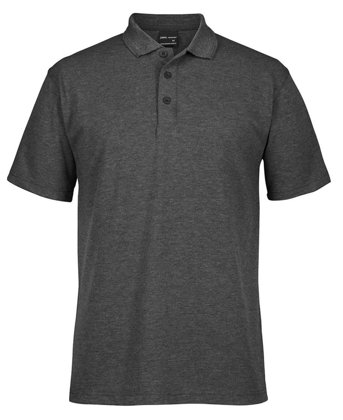 A dark grey polo shirt with a collar and three buttons, featuring a logo on the chest.