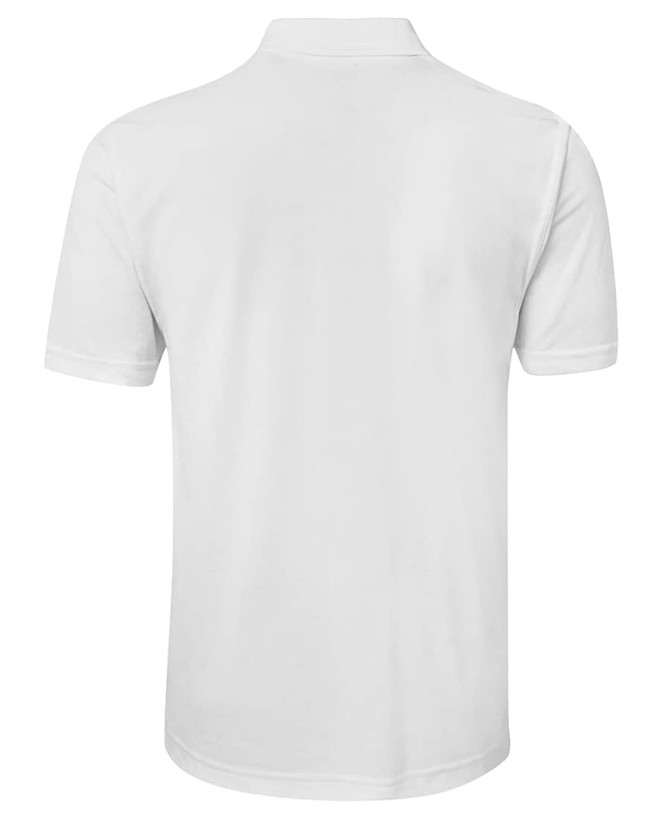 A white polo shirt featuring a classic design and a logo on the back.