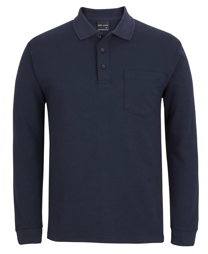 A navy long-sleeve polo shirt with a pocket and a collar, featuring buttons and a logo.