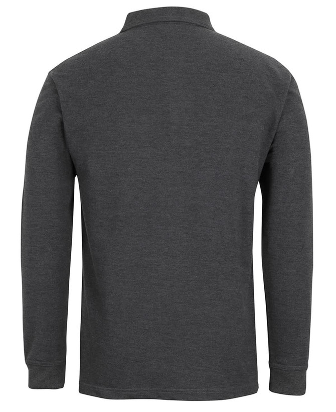 A grey long-sleeve polo shirt with a collar and a branding logo on the back.