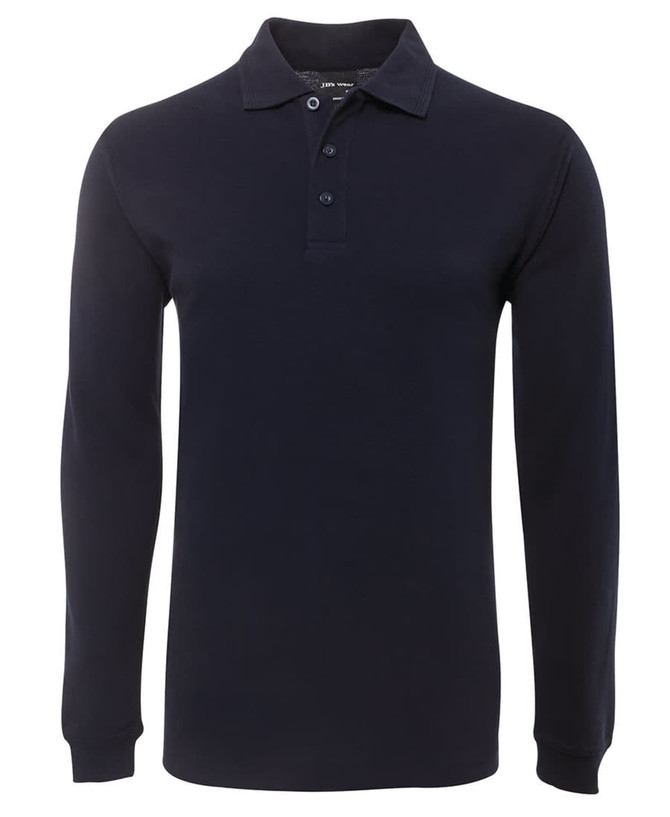 A long-sleeve polo shirt in navy blue with a three-button placket and a collar. It features a logo on the chest.