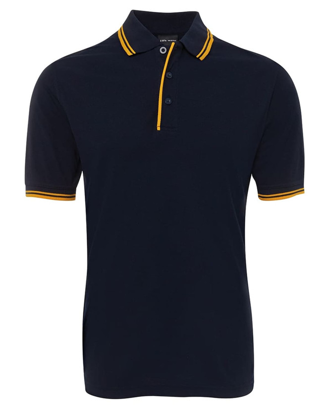 A polo shirt in navy blue with contrasting yellow stripes on the collar and sleeves, featuring a logo.